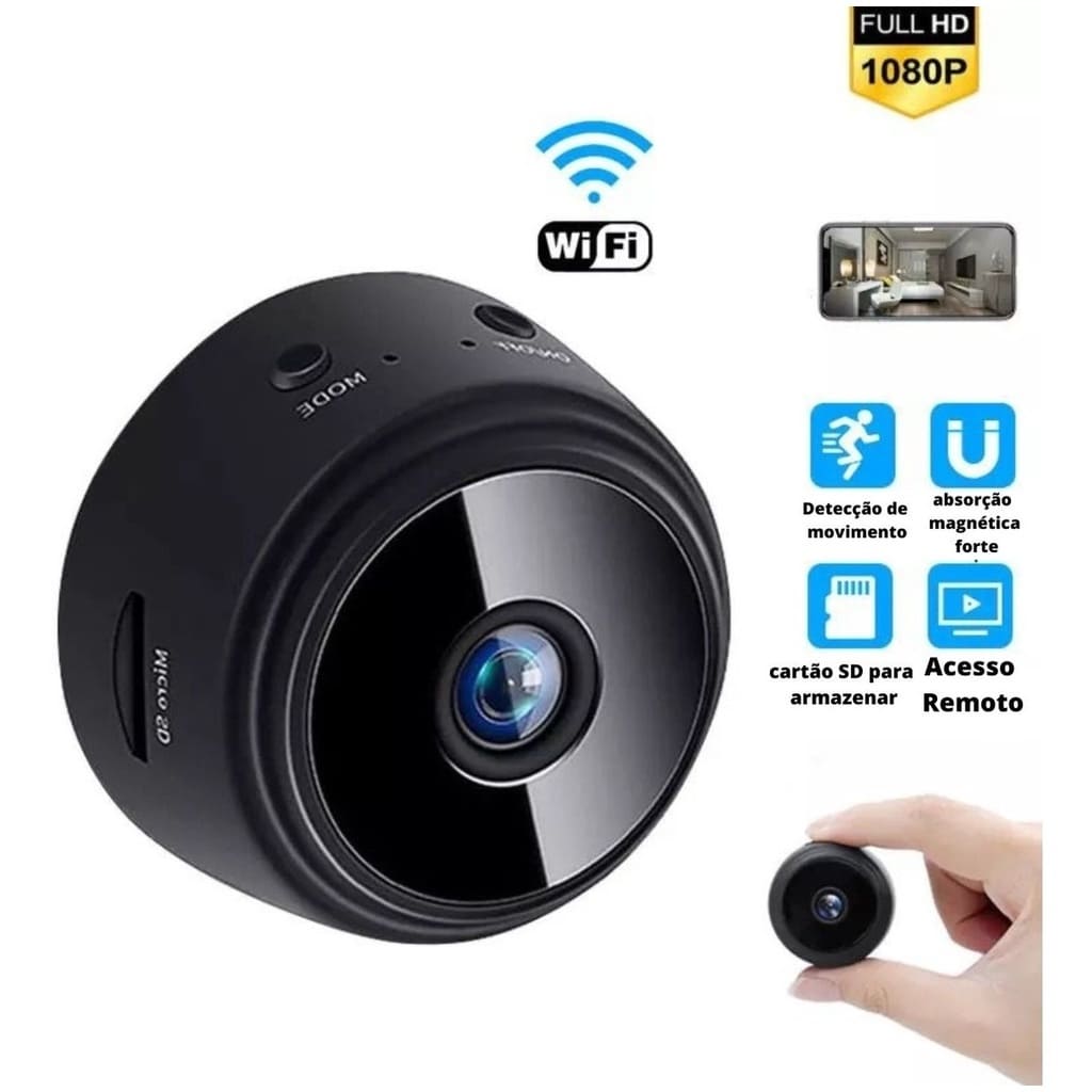 Câmera Wi-Fi App, Monitoramento e Espiã A9 Resolução 1080P, com Microfone, Entrada Cartão Memória + Bateria Interna