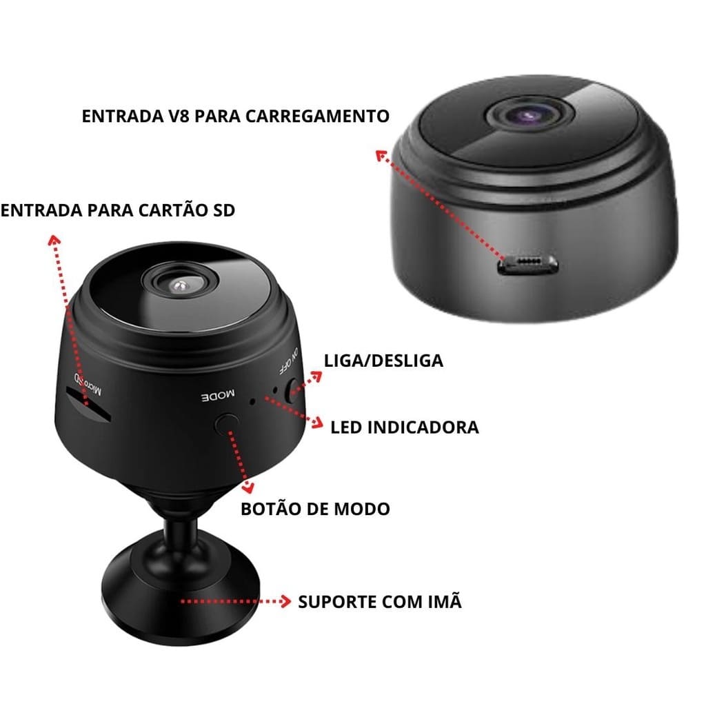 Câmera Wi-Fi App, Monitoramento e Espiã A9 Resolução 1080P, com Microfone, Entrada Cartão Memória + Bateria Interna