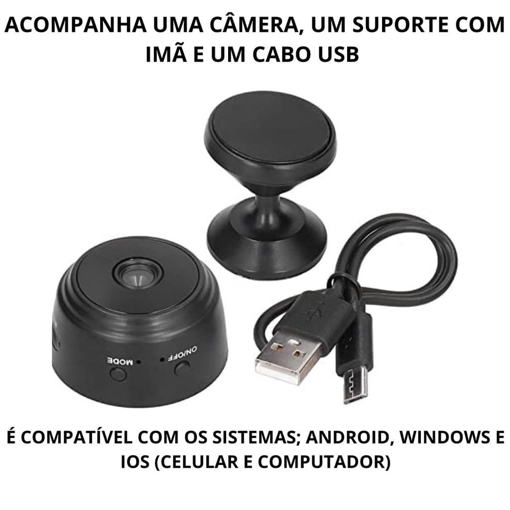 Câmera Wi-Fi App, Monitoramento e Espiã A9 Resolução 1080P, com Microfone, Entrada Cartão Memória + Bateria Interna