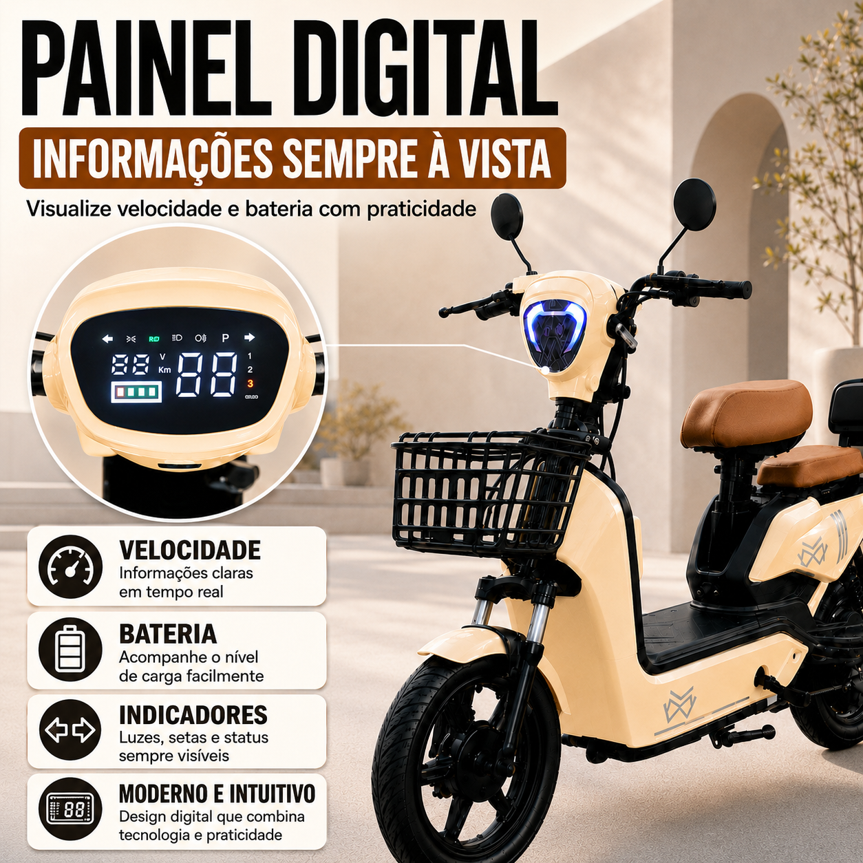 Bicicleta Elétrica JY MW 500W Sem CNH 3 Velocidades Couro Cor:Bege