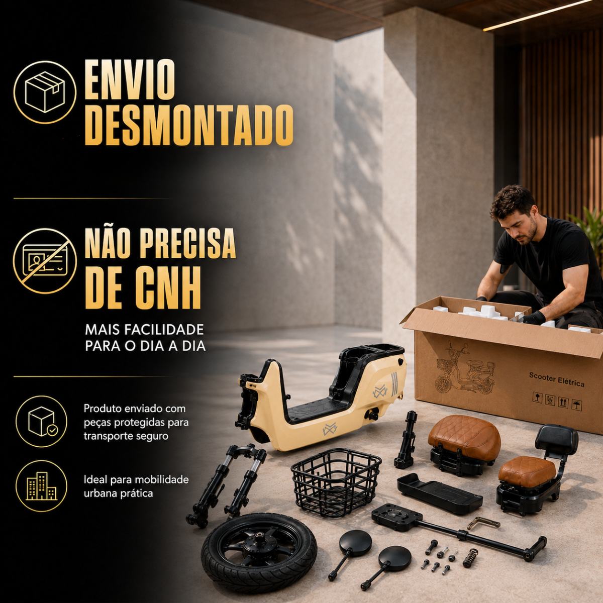 Bicicleta Elétrica JY MW 500W Sem CNH 3 Velocidades Couro Cor:Bege