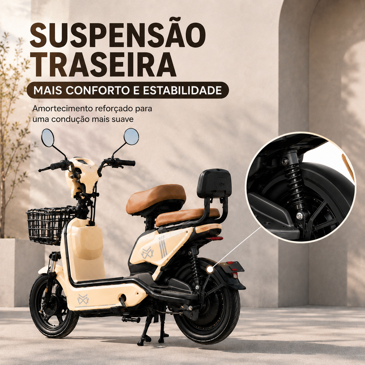 Bicicleta Elétrica JY MW 500W Sem CNH 3 Velocidades Couro Cor:Bege